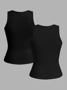 Tseoso 2pcs/Set Camisole Ketat Seksi Wanita Model Pendek, Warna Hitam Polos, Cocok untuk Musim Panas - Hitam - View 10