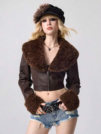 Goth Y2K Sexy Biker Jacket For Women, Faux Fur & Suede Patchwork Short Cropped Motorcycle Jacket