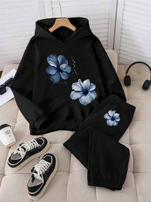 SHEIN Explorewe 舒适秋冬装扮，女孩休闲时尚创意印花连帽衫和运动裤套装，适合青少年女孩的秋冬季舒适运动服，印花连帽衫，妈妈女孩卫衣套装，卫衣直筒裤套装，少女运动裤套装 - 黑色 - 查看 3
