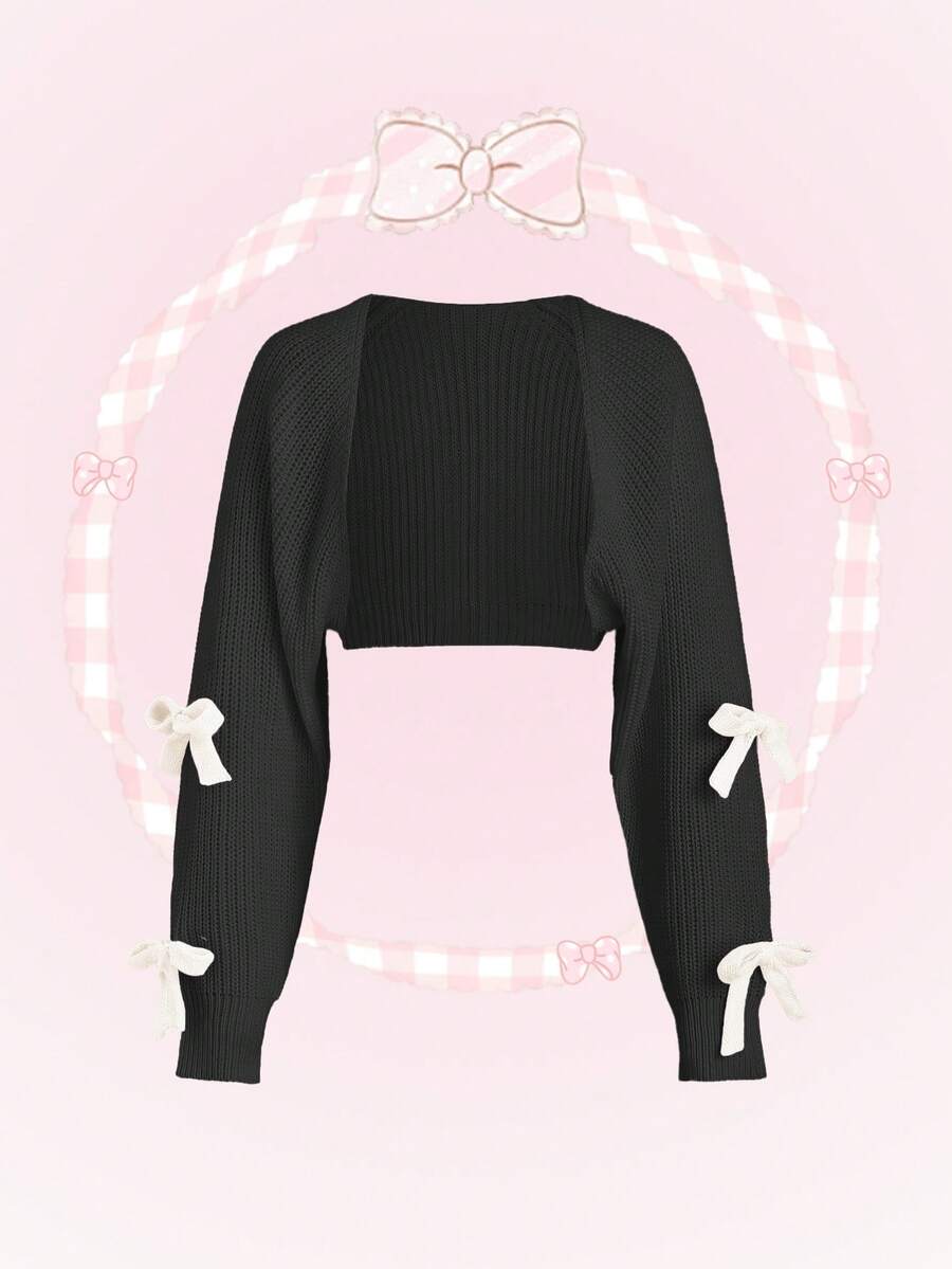 SHEIN Unity Women's Bow Decor Cropped Cardigan - Black and White - View 1