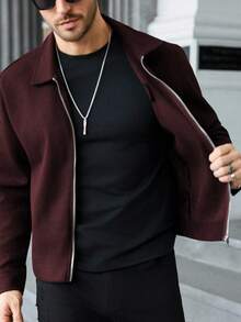 Manfinity CasualCool 男士纯色拉链休闲夹克，秋冬男士拉链衬衫短款夹克，男士夹克，男士长袖毛衣夹克，男士休闲夹克 - 酒紅色 - 查看 4