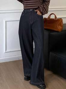 Livesso Jeans droits amples et décontractés pour femmes, style casual chic, convient pour l'automne et l'hiver - Bleu azur - Voir 6