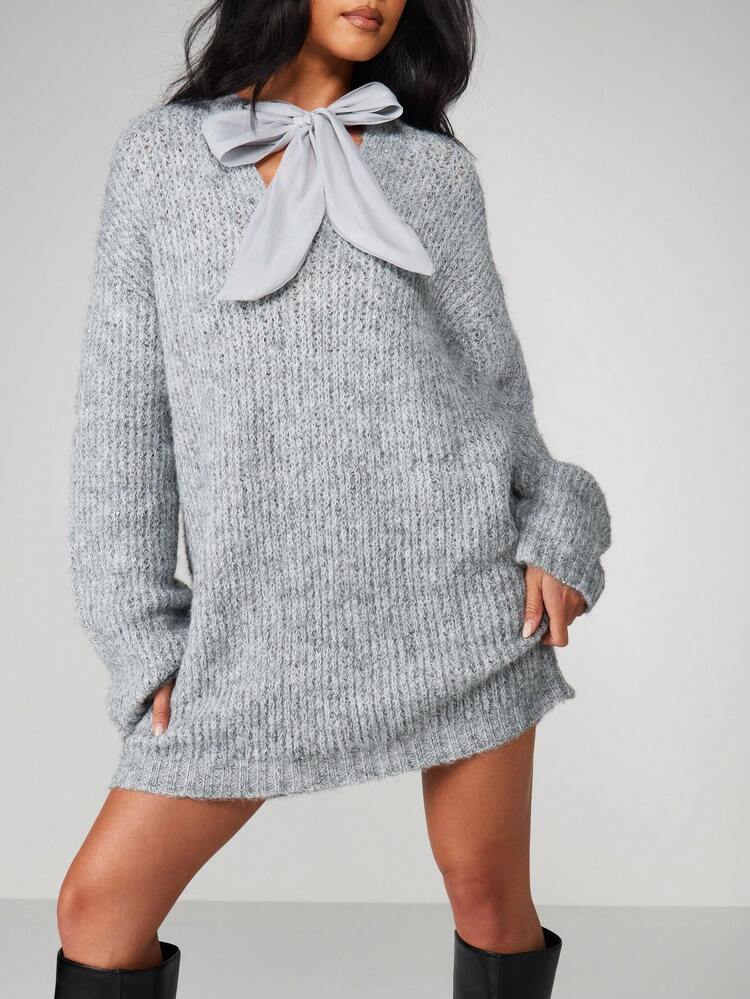 MISSGUIDED Christmas Chunky Knit Sweater Dress With Chiffon Bow Tie Detail Long Sleeve Winter Mini Dress