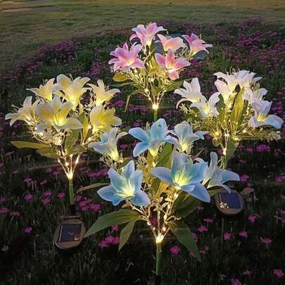 户外装饰太阳能花园灯，太阳能花卉灯，7朵大百合花造型LED灯，太阳能供电，防水，适用于庭院小径装饰，母亲节园艺礼物，花园派对装饰