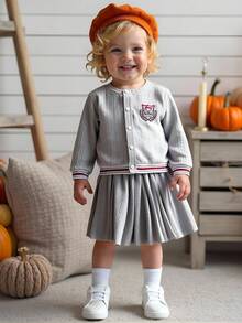 Joliand Joliand 2pcs Baby Girl Cute Back-To-School Light Grey Autumn Set,Elegant Urban School Style Striped Ribbed Sweatshirt Jacket And Pleated Skirt Outfit,Fall - Grey - View 2