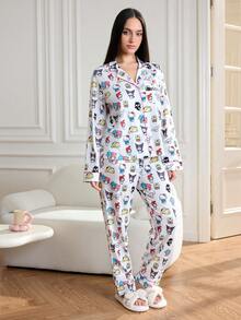 HELLO KITTY AND FRIENDS | SHEIN Cartoon Pattern Front Button Long Sleeve Top And Long Pants Lounge Set, Winter Clothes - Multicolor - View 5