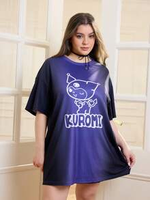 HELLO KITTY AND FRIENDS | SHEIN Plus Size Women Summer Casual Commuting Cute Cartoon Letter Graphic Ombre Loose Drop Shoulder T-Shirt - Multicolor - View 5