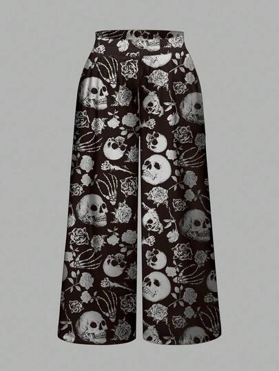 Goth Pantalones de pierna ancha con estampado total de ajuste holgado para tallas grandes