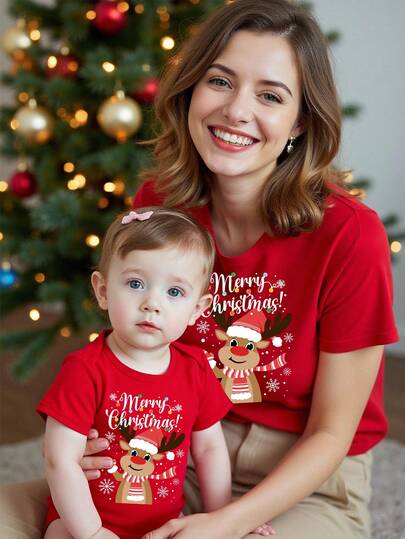 女婴圣诞套装，四季皆宜，时尚创意可爱圣诞驯鹿字母印花连体衣，适合圣诞派对、婴儿穿着。