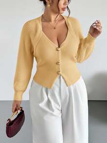 Firerie Plus Size Solid Color Front Button Long Sleeve Casual Knit Cardigan In Fall/Winter - Yellow - View 6