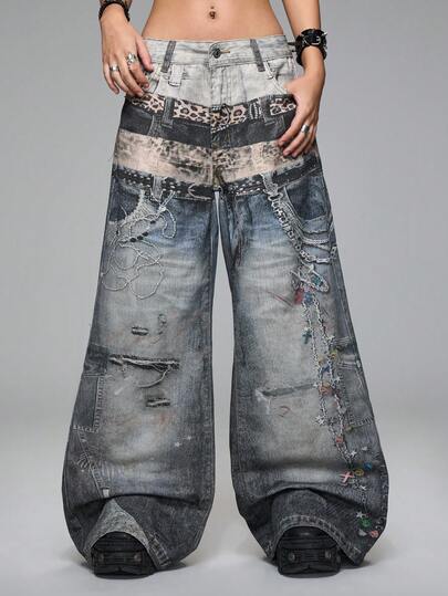 Grunge Punk Y2K Punk Street Distressed Tie-Dye Multi-Waistband Allover Print Loose Wide-Leg Low Waist Jeans
