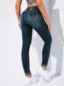 Flexra High-Waisted Button-Embellished Skinny Stretch Distressed Y2K Jeans