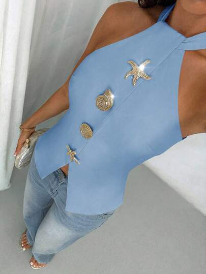 Glamine Camisa sin mangas elegante y casual de mujer con cuello halter, tejido de color albaricoque, hebilla metálica inelástica, ropa de mujer para otoño, de vuelta al colegio