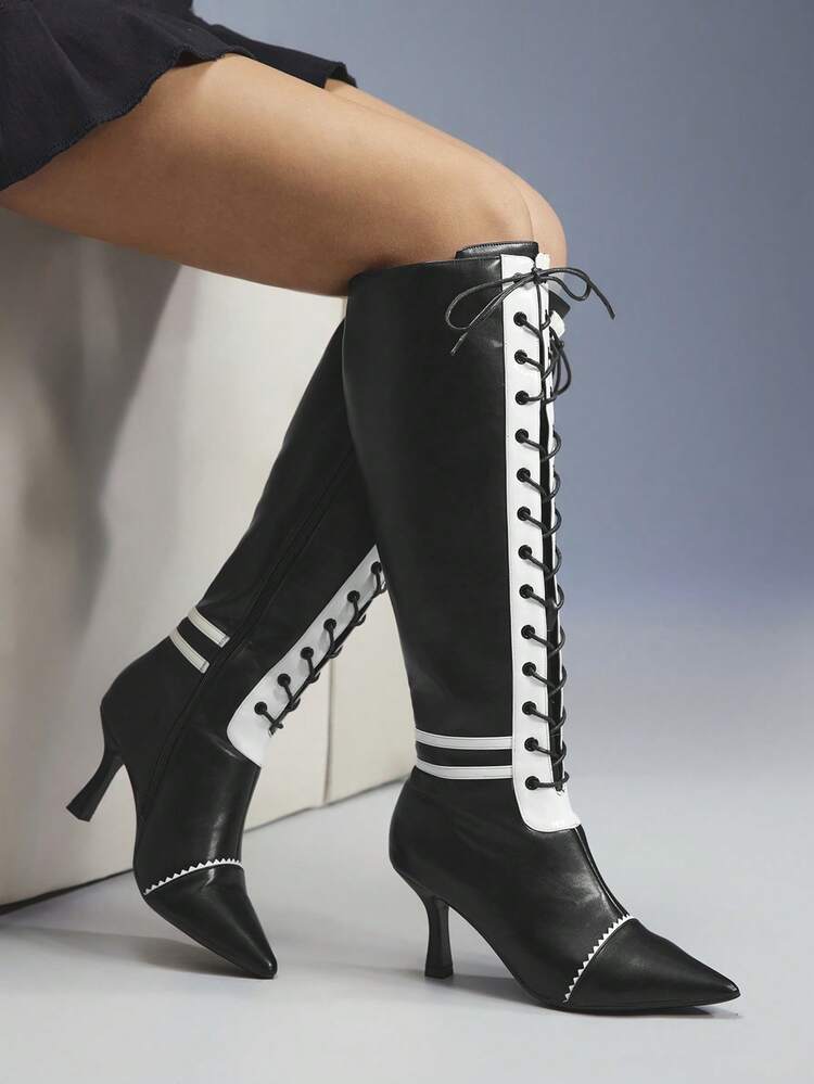 CUCCOO GRLICON Women's Fashion Commuter Color Block High Heel Over-The-Knee Boots, Suitable For Halloween, Christmas, Party, Y2K, Punk, Biker Style