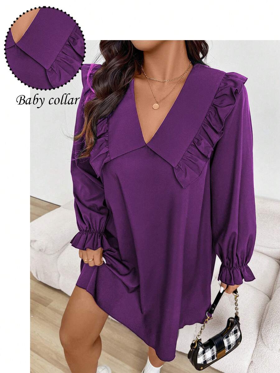 EMERY ROSE Plus Size Women's Elegant Romantic Cute Simple Solid Color Peter Pan Collar Ruffle Sleeve Loose Dress, Spring/Autumn - Purple - View 1