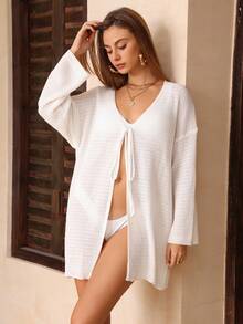 Swim Chiccia 女士纯色系带宽松和服罩衫 - 白色 - 查看 4