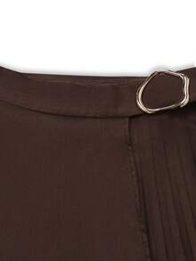 Modelyn Vintage Design Niche Brown Asymmetrical Patchwork A-Line Pleated Skirt For Women - Brown - View 3
