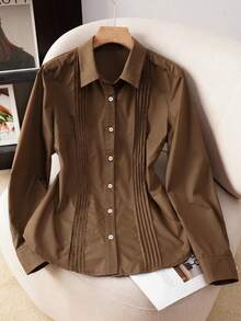 Seusyu Elegant Commuter Collared Pleated Long Sleeve Loose Blouse For Women, Spring/Autumn - Brown - View 4