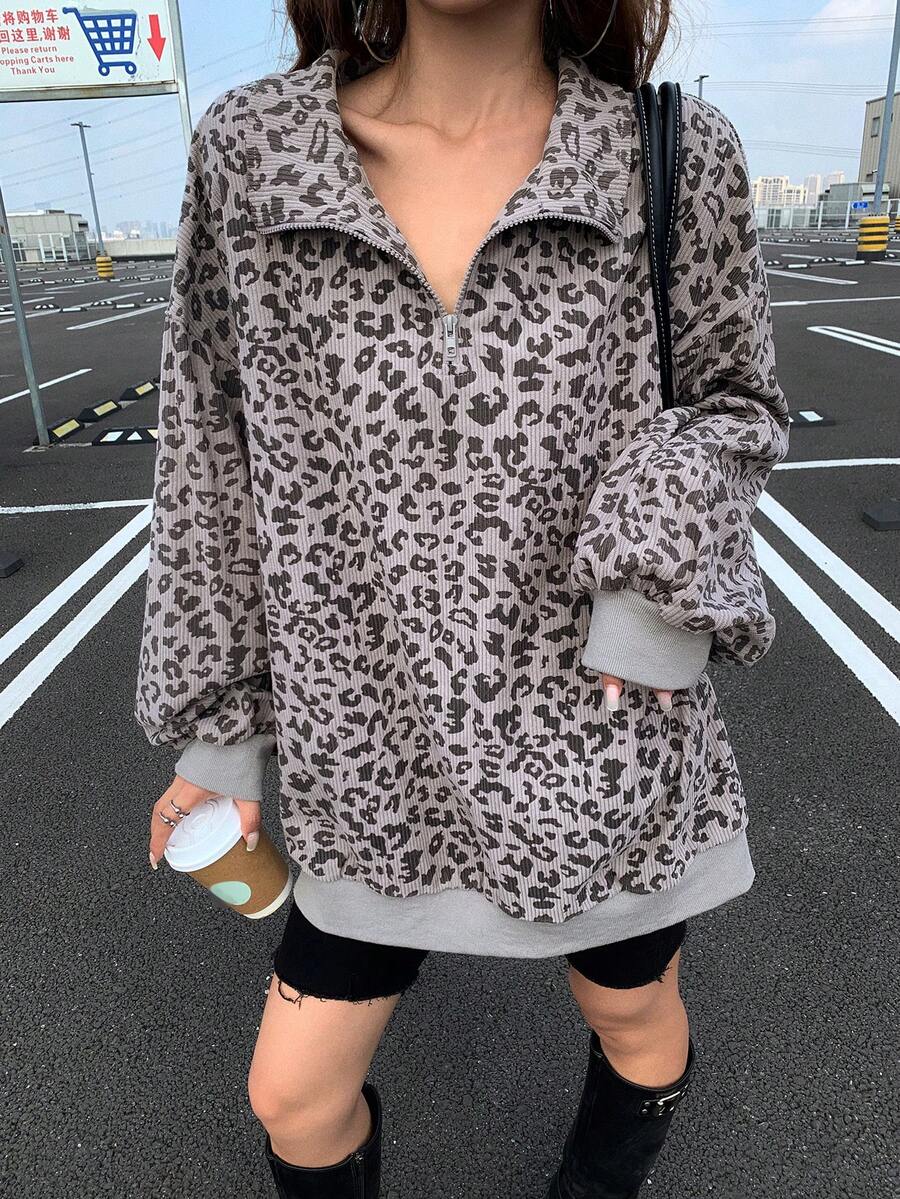DAZY 女士豹纹灯芯绒领宽松套头休闲卫衣 Y2k - 灰色 - 查看 1