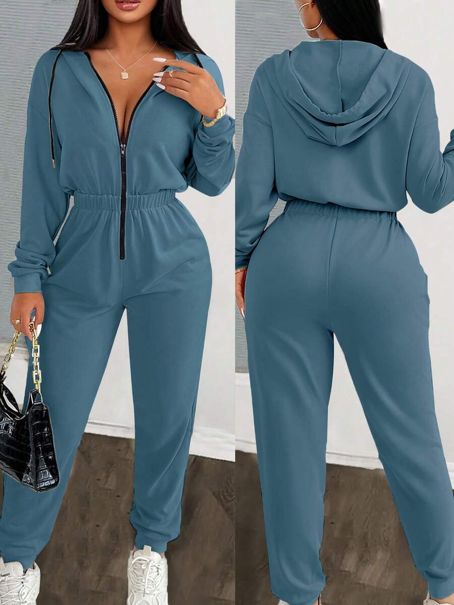 Zolique Women's Long Sleeve Zip Front Contrast Color Drawstring Hooded Jumpsuit - Dusty Blue - View 1