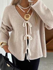 Livesso Women's Autumn Tie-Front Loose V-Neck Cardigan - Beige - View 5