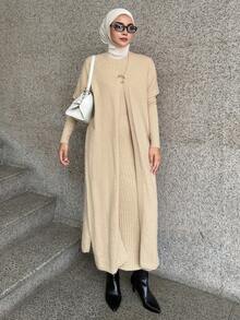 DAZY Completo da donna composto da giacca a maniche lunghe tinta unita e abito a maglia a coste a maniche lunghe, elegante maglione in 2 pezzi, moda modesta - Albicocca - Visualizzare 4