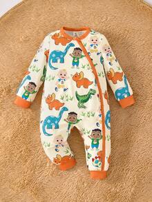 CoComelon X SHEIN 男婴卡通恐龙印花撞色饰边拉链连体裤，秋冬 - 彩色 - 查看 1