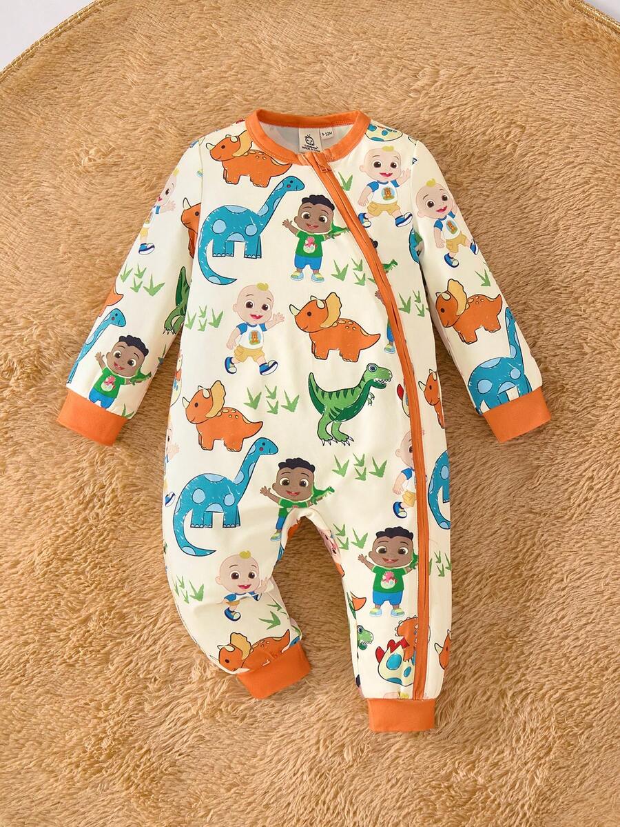 CoComelon X SHEIN 男婴卡通恐龙印花撞色饰边拉链连体裤，秋冬 - 彩色 - 查看 1
