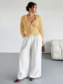 Firerie Plus Size Solid Color Front Button Long Sleeve Casual Knit Cardigan In Fall/Winter - Yellow - View 5