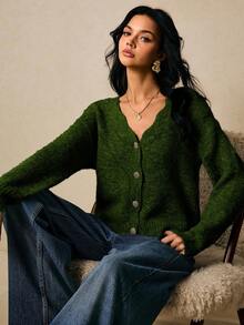 Poéselle Áo len cardigan dệt kim màu trơn cổ chữ V dài tay cài khuy đơn dành cho nữ vào mùa thu/đông Áo len cardigan màu xanh lá cây dành cho nữ Áo len cardigan cài nút dành cho nữ Áo sơ mi màu xanh lá cây dành cho nữ, Quần áo mùa thu dành cho nữ - màu xanh lá - Xem 2