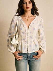 Poéselle 女式刺绣V领长袖单排扣时尚衬衫 - 藍色 - 查看 7