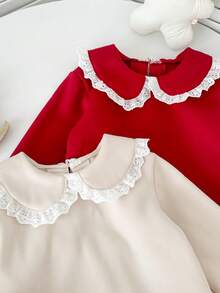 Genkimix Kids 2pcs/Pack Baju Atasan Lengan Panjang 2-in-1 Model Sweatshirt dengan Kerah Ruffle, Bordir, dan Hiasan Renda untuk Anak Perempuan, Warna Krem dan Merah - MultiWarna - View 3
