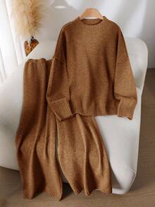 CosyJoli Plus Size Solid Color Round Neck Drop Shoulder Long Sleeve Loose Knit Sweater Set Brown/Winter - Chocolate Brown - View 1