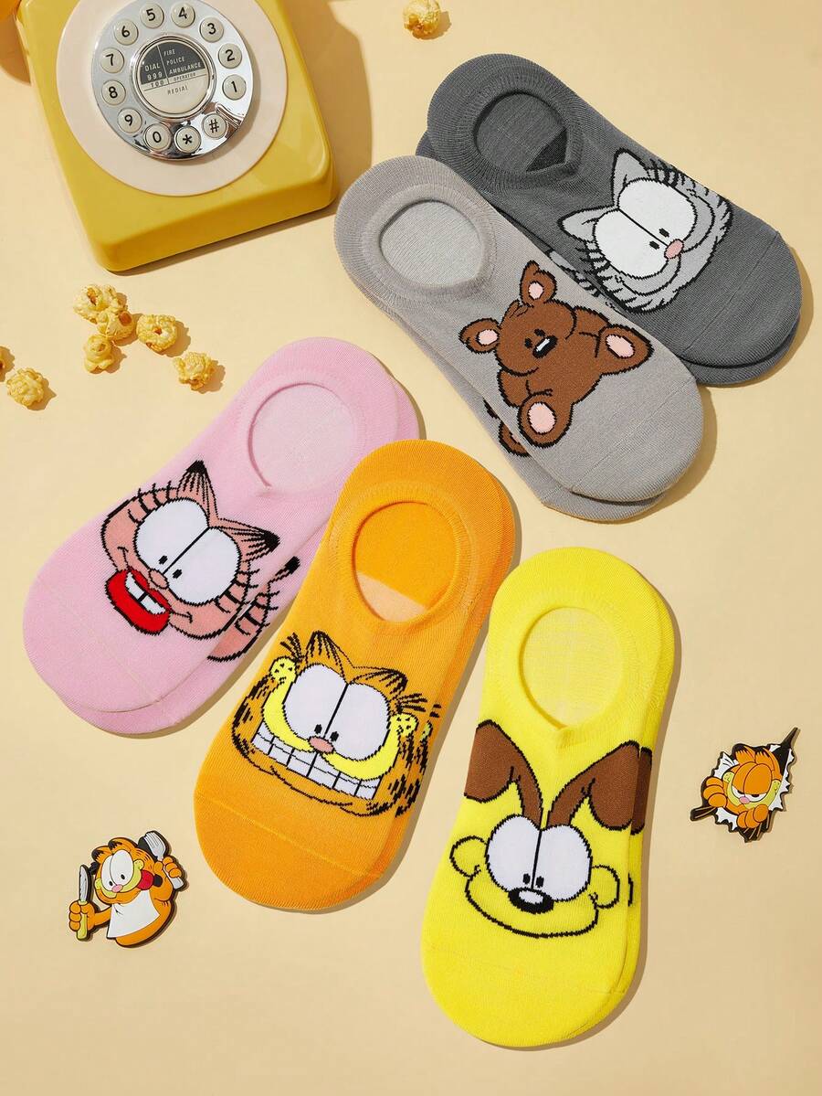 GARFIELD | SHEIN 5 đôi tất cổ ngắn mềm mại thoáng khí họa tiết mèo, chó và gấu, tất không lộ, mũi và gót được gia cố, thích hợp cho mùa xuân/hè, cặp đôi, nam, nữ, unisex - Nhiều màu - Xem 1