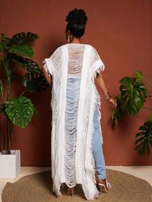 Maweii Suéter de mujer talla grande, moda femenina, cardigan elegante blanco extra largo con flecos y calado para vacaciones