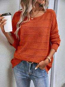 EMERY ROSE Women's Solid Color Boat Neck Dropped Shoulder Long Sleeve Hollow Knit Pullover Sweater, Autumn/Winter - Red - View 7