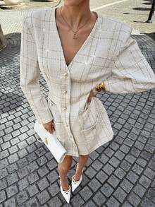 Siren Gaze Váy đi làm kẻ sọc thanh lịch dành cho nữ - Màu be - Xem 4