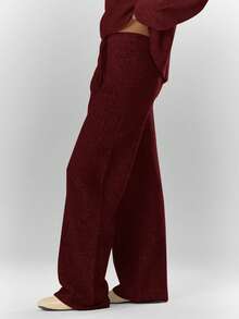 MUSERA Oversized Rib Knit Embroidered Detail Wide Leg Trousers Bottom Only Cosy Cute Casual Coffee Club - Burgundy - View 3