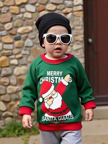 Sudadera con cuello redondo y mangas raglán con estampado de letras de dibujos animados y Papá Noel para bebé niño - Verde - Ver 5