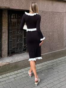 Pariaura 2pcs/Set French Romantic Lace Trim Regular Fit Women Sweater - Black - View 2