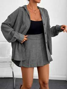Corduroy Shirt Pleated Skirt Two Pieces Set - Grey - View 5