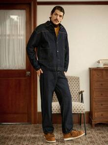 RivetRise Men's Denim Jacket And Loose Fit Jeans Set, Fall Clothes Slim-Fit Washed Black Distressed Jeans For - Dark Wash - View 1