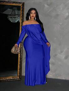 Maweii Plus Size Solid Color Off Shoulder Long Sleeve Fitted Midi Dress - Royal Blue - View 4