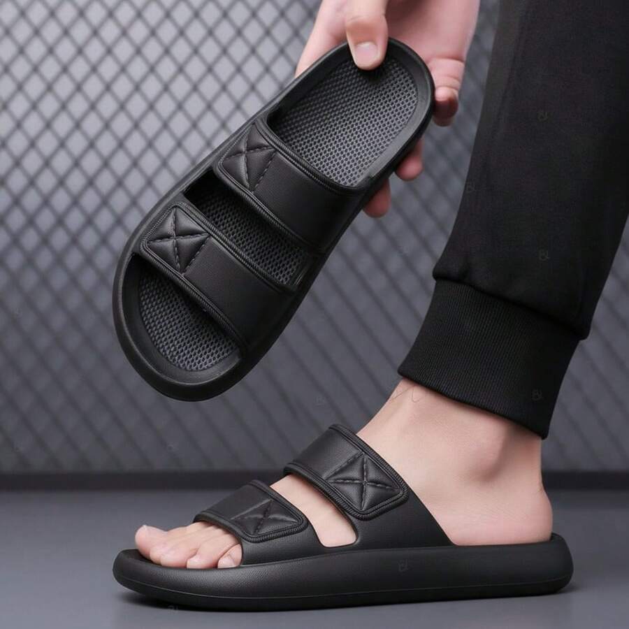 Sandalias Hombre Doble Correa EVA Punta Abierta Sin Cordones Suela Gruesa Estilo Minimalista Verano Casa Playa Piscina - Negro - Ver 1