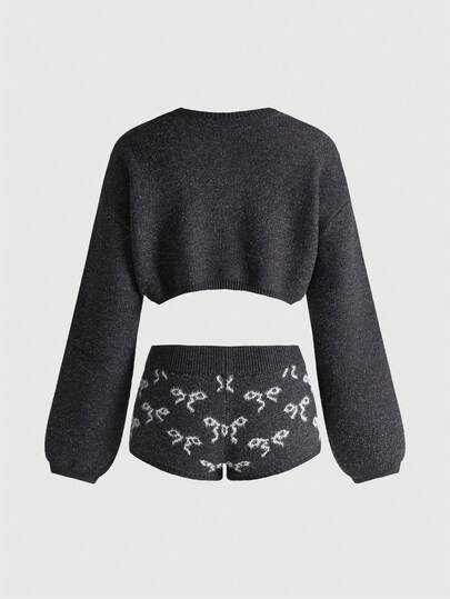 Kawaii 2pcs/Set Cute Bow Jacquard Knit Crop Top Sweater & Knit Shorts