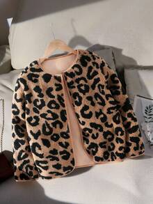 Casual Oversized Leopard Print Long Sleeve Round Neck Loose Fuzzy Jacket, Suitable For Teen Girlin Winter - Coffee Brown - View 5