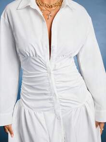 Normani 2025新款极简主义秋季女装纯色落肩长袖褶裥单扣休闲衬衫裙，白色连衣裙，优雅高贵 - 白色 - 查看 4