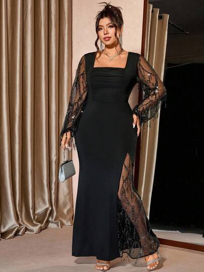 Cravure Vestido de mujer talla grande con cuello cuadrado, parches de malla brillante, vestido largo con abertura alta, manga larga, de lujo y elástico para fiesta, otoño/invierno