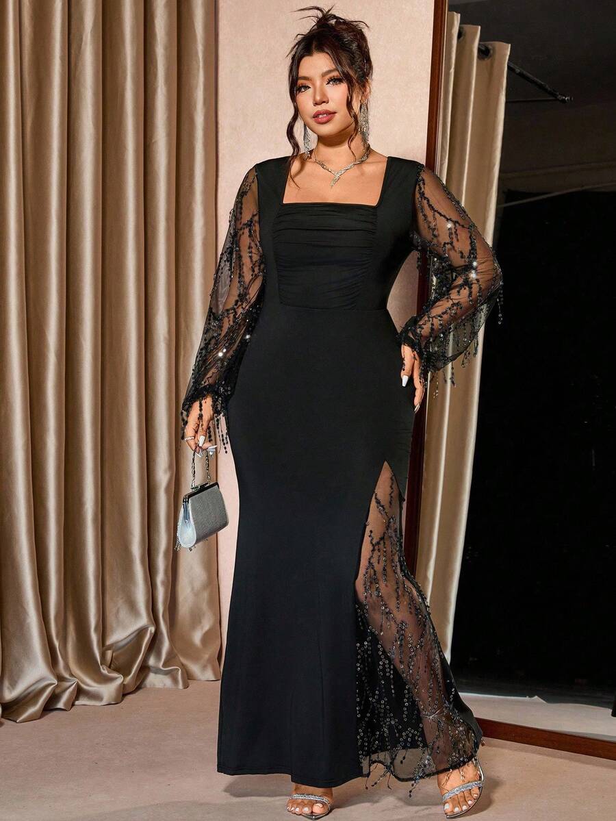 Cravure Váy lưới chắp vá lấp lánh cổ vuông cỡ lớn cho nữ, váy dài tay dự tiệc sang trọng co giãn xẻ cao, thu/đông - màu đen - Xem 1