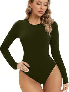 INAWLY Bodysuit Wanita Warna Polos Leher Bulat Bahu Normal Lengan Panjang - Hijau Tentara - View 3